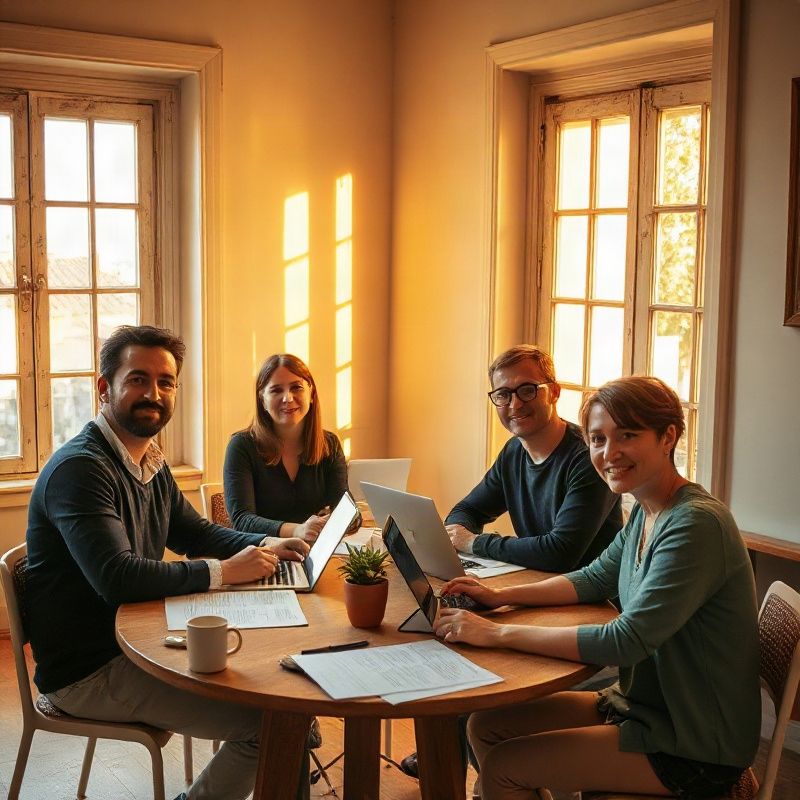 Equipo editorial trabajando en una mesa compartida con luz cálida de ventana