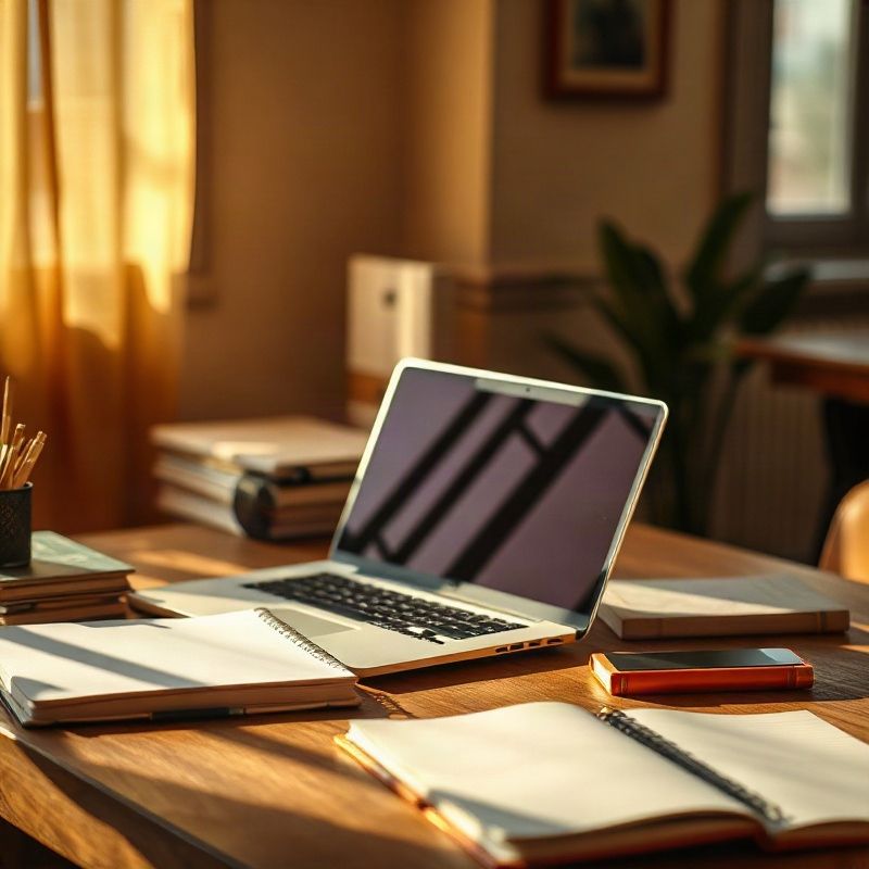 Portátil y libretas sobre escritorio de madera con luz ámbar natural