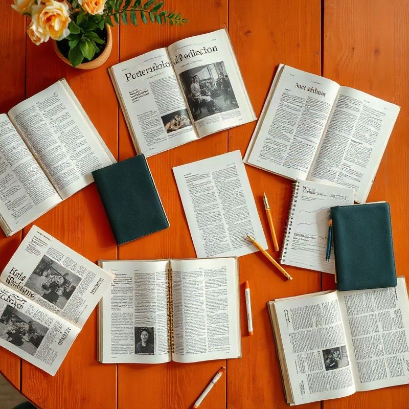 Vista cenital de artículos impresos y libretas sobre mesa de madera cálida