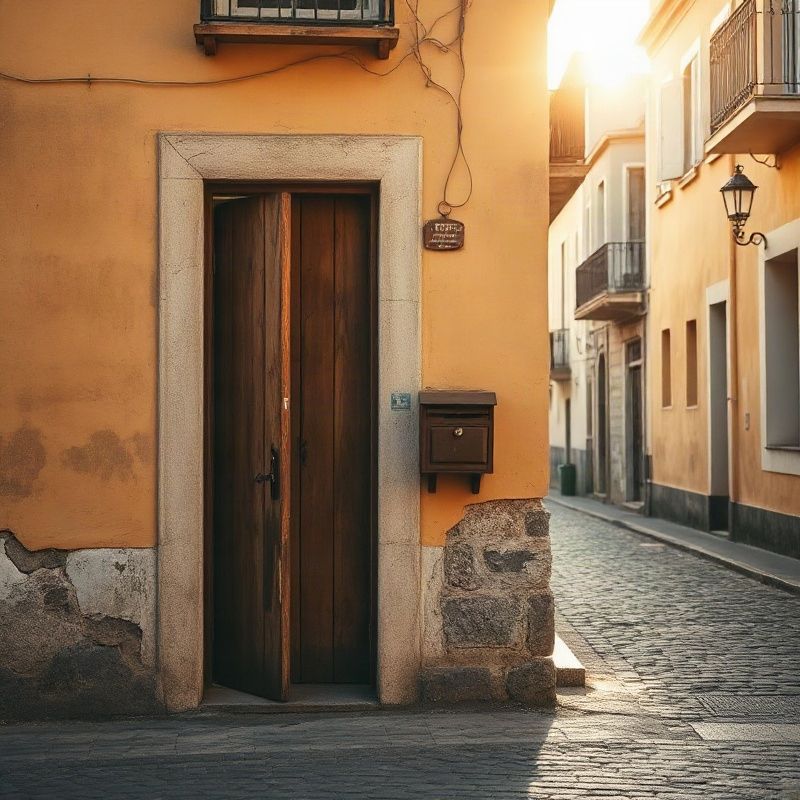 Puerta de madera antigua y buzón en calle empedrada de Paysandú con luz ámbar