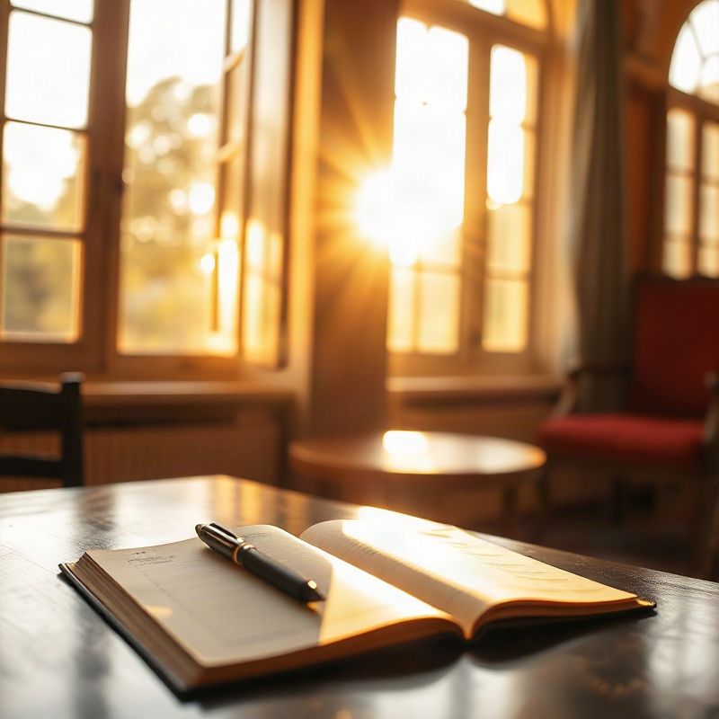 Escritorio soleado en Paysandú con libreta abierta y luz cálida de tarde
